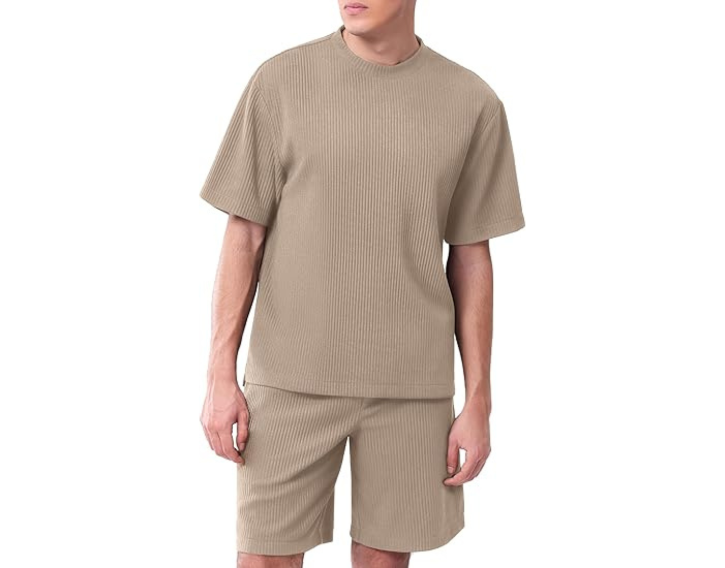 Men's Ribbed Short Sleeve T-Shirt(Only), Casual Crew Neck Tee with Split Hem & Vertical Stripe Streetwear for Summer