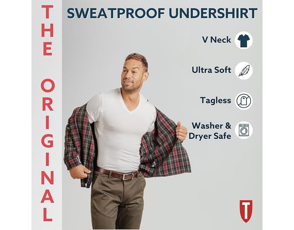 Men's Sweatproof Undershirt - Rayon Blend V Neck - Slim Fit - with Sweat Pads