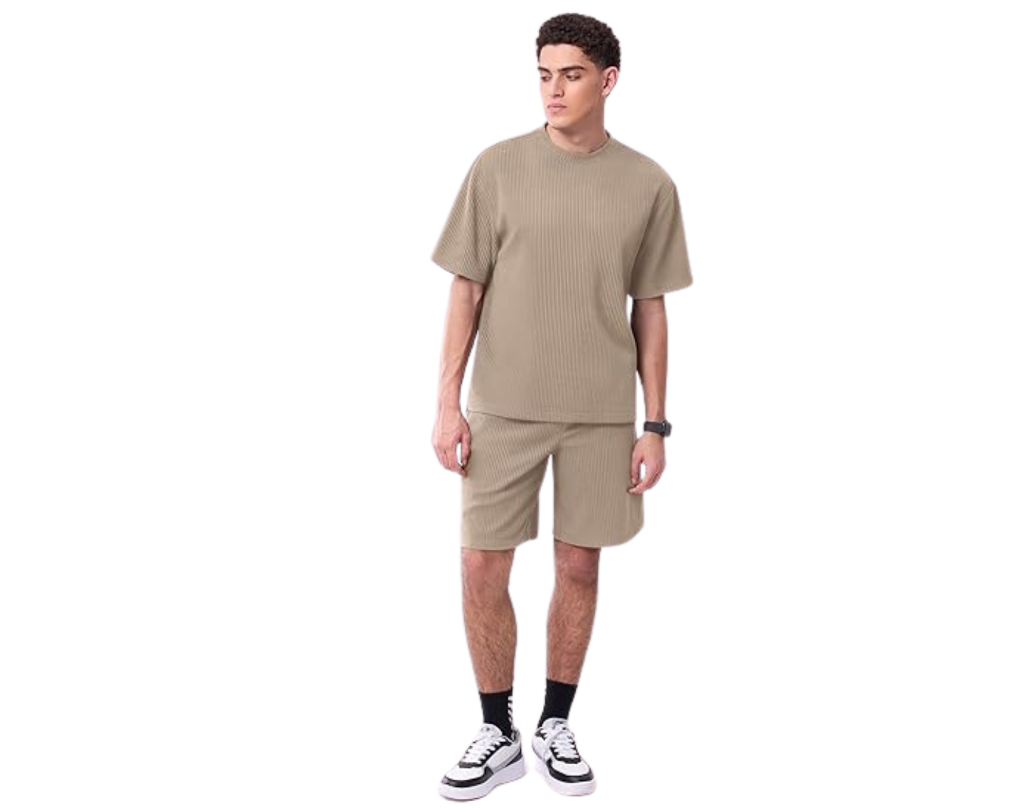 Men's Ribbed Short Sleeve T-Shirt(Only), Casual Crew Neck Tee with Split Hem & Vertical Stripe Streetwear for Summer