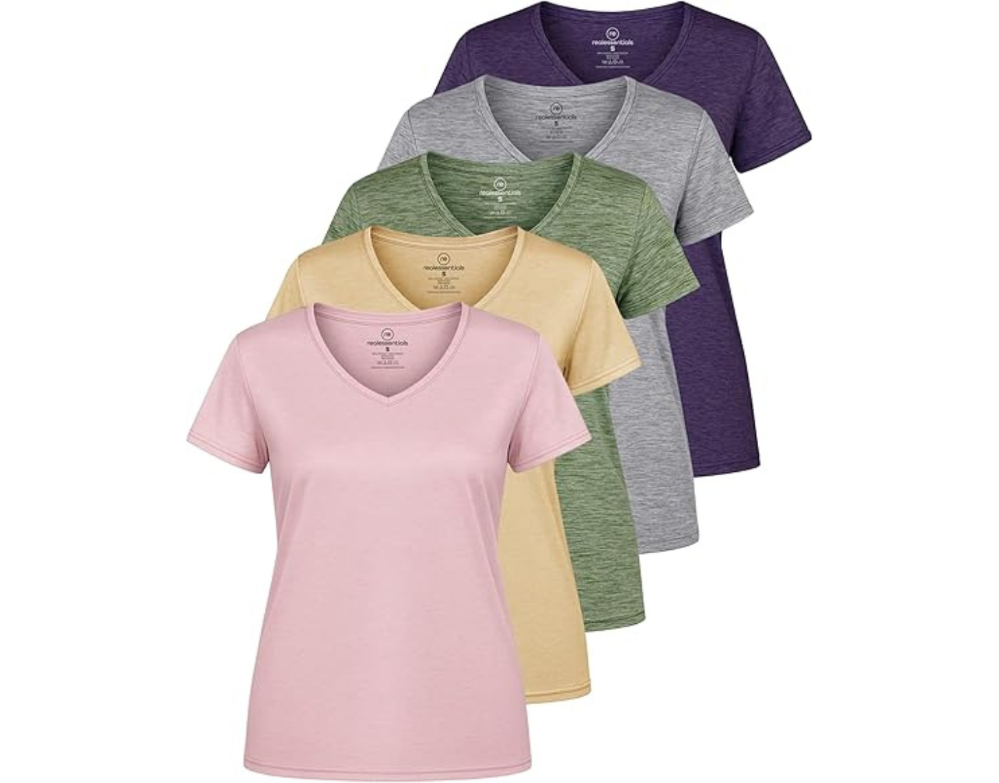 Real Essentials 5 Pack Women's Dry-Fit Short Sleeve V Neck T Shirt Workout Fitness Yoga Top Tee